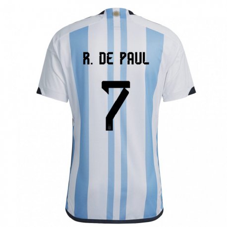 Kandiny Homme Maillot Argentine Rodrigo De Paul #7 Blanc Bleu Ciel Tenues Domicile 22-24 T-shirt