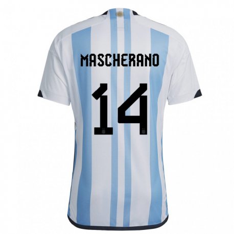 Kandiny Homme Maillot Argentine Javier Mascherano #14 Blanc Bleu Ciel Tenues Domicile 22-24 T-shirt