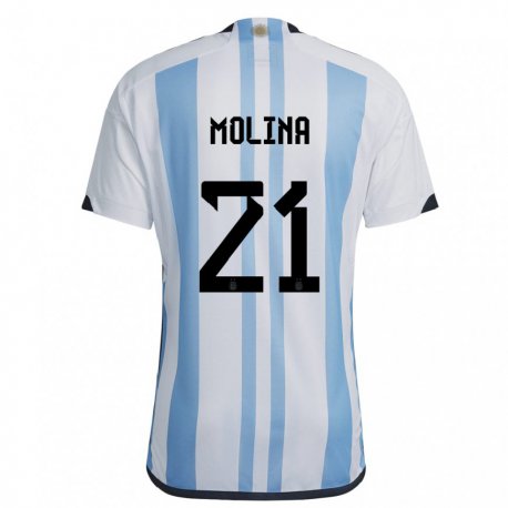 Kandiny Homme Maillot Argentine Nahuel Molina #21 Blanc Bleu Ciel Tenues Domicile 22-24 T-shirt