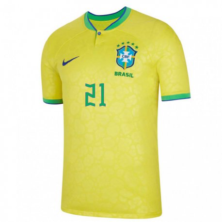 Kandiny Homme Maillot Brésil Matheus Cunha #21 Jaune Tenues Domicile 22-24 T-shirt
