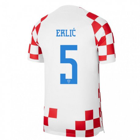 Kandiny Homme Maillot Croatie Martin Erlic #5 Rouge Blanc Tenues Domicile 22-24 T-shirt