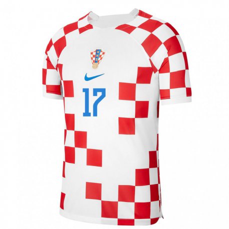 Kandiny Homme Maillot Croatie Ante Budimir #17 Rouge Blanc Tenues Domicile 22-24 T-shirt