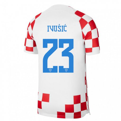 Kandiny Homme Maillot Croatie Ivica Ivusic #23 Rouge Blanc Tenues Domicile 22-24 T-shirt