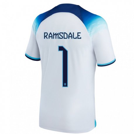 Kandiny Homme Maillot Angleterre Aaron Ramsdale #1 Blanc Bleu Tenues Domicile 22-24 T-shirt