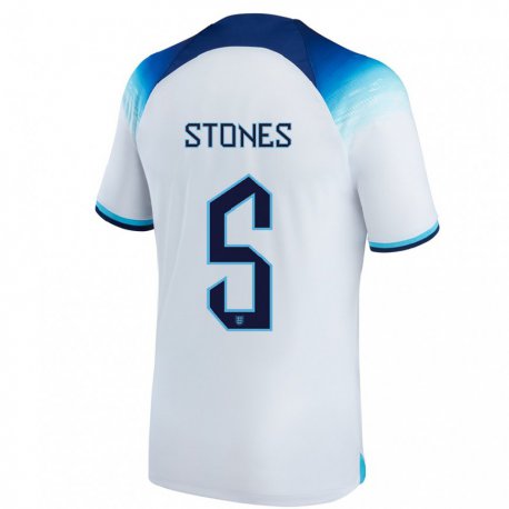 Kandiny Homme Maillot Angleterre John Stones #5 Blanc Bleu Tenues Domicile 22-24 T-shirt