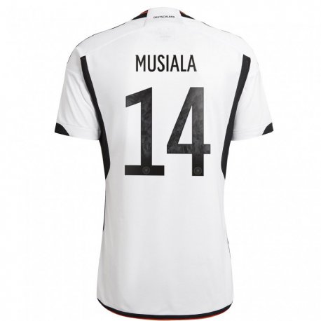 Kandiny Homme Maillot Allemagne Jamal Musiala #14 Blanc Noir Tenues Domicile 22-24 T-shirt