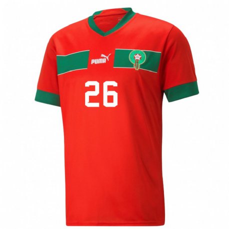 Kandiny Homme Maillot Maroc Yahia Attiat-allah #26 Rouge Tenues Domicile 22-24 T-shirt