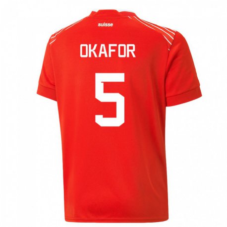 Kandiny Homme Maillot Suisse Noah Okafor #5 Rouge Tenues Domicile 22-24 T-shirt