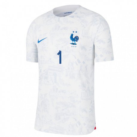 Kandiny Homme Maillot France Hugo Lloris #1 Blanc Bleu Tenues Extérieur 22-24 T-shirt