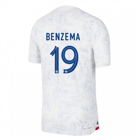 Kandiny Homme Maillot France Karim Benzema #19 Blanc Bleu Tenues Extérieur 22-24 T-shirt