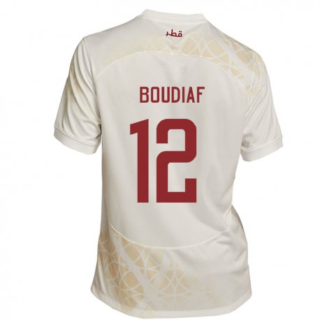 Kandiny Homme Maillot Qatar Karim Boudiaf #12 Beige Doré Tenues Extérieur 22-24 T-shirt