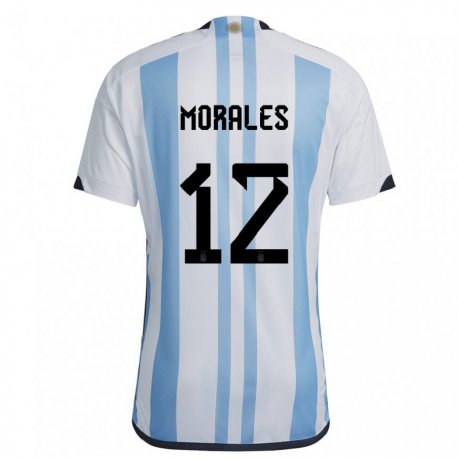 Kandiny Enfant Maillot Argentine Lautaro Morales #12 Blanc Bleu Ciel Tenues Domicile 22-24 T-shirt