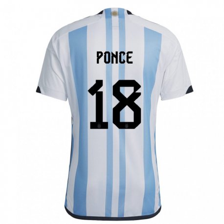 Kandiny Enfant Maillot Argentine Ezequiel Ponce #18 Blanc Bleu Ciel Tenues Domicile 22-24 T-shirt
