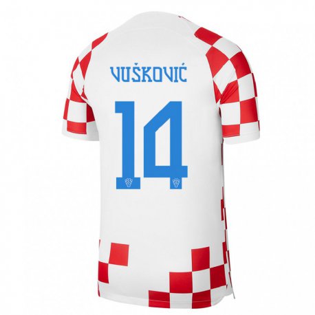 Kandiny Enfant Maillot Croatie Mario Vuskovic #14 Rouge Blanc Tenues Domicile 22-24 T-shirt