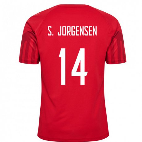 Kandiny Enfant Maillot Danemark Sebastian Jorgensen #14 Rouge Tenues Domicile 22-24 T-shirt