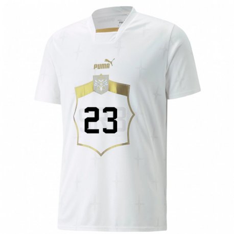Kandiny Enfant Maillot Serbie Vuk Mitrovic #23 Blanc Tenues Extérieur 22-24 T-shirt