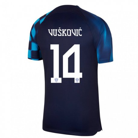 Kandiny Enfant Maillot Croatie Mario Vuskovic #14 Bleu Foncé Tenues Extérieur 22-24 T-shirt