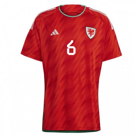 Kandiny Homme Maillot Pays De Galles Josephine Green #6 Rouge Tenues Domicile 22-24 T-shirt