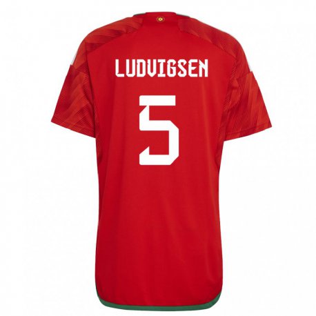 Kandiny Homme Maillot Pays De Galles Kai Ludvigsen #5 Rouge Tenues Domicile 22-24 T-shirt