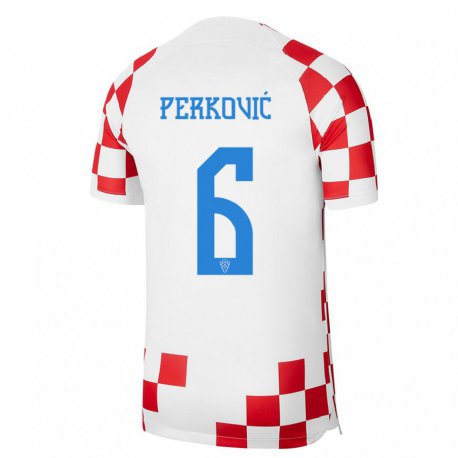 Kandiny Homme Maillot Croatie Mauro Perkovic #6 Rouge Blanc Tenues Domicile 22-24 T-shirt