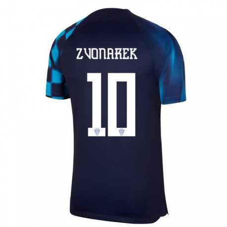 Kandiny Homme Maillot Croatie Lovro Zvonarek #10 Bleu Foncé Tenues Extérieur 22-24 T-shirt