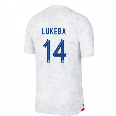 Kandiny Homme Maillot France Castello Lukeba #14 Blanc Bleu  Tenues Extérieur 22-24 T-shirt
