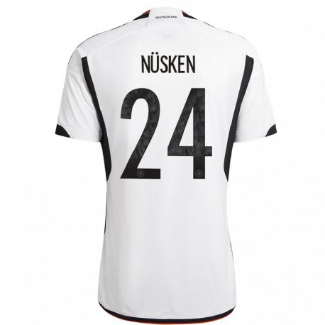 Kandiny Femme Maillot Allemagne Sjoeke Nusken #24 Blanc Noir Tenues Domicile 22-24 T-shirt
