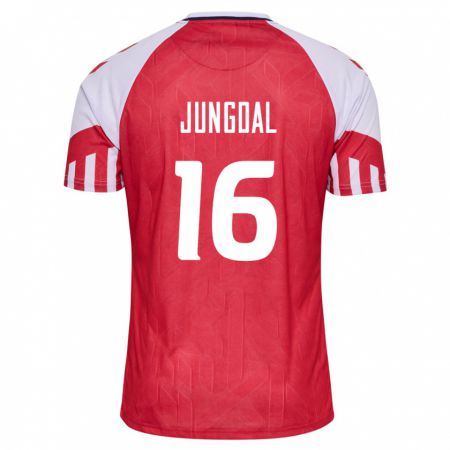 Kandiny Enfant Maillot Danemark Andreas Jungdal #16 Rouge Tenues Domicile 24-26 T-Shirt