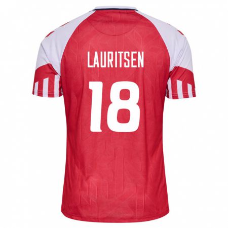 Kandiny Enfant Maillot Danemark Tobias Lauritsen #18 Rouge Tenues Domicile 24-26 T-Shirt