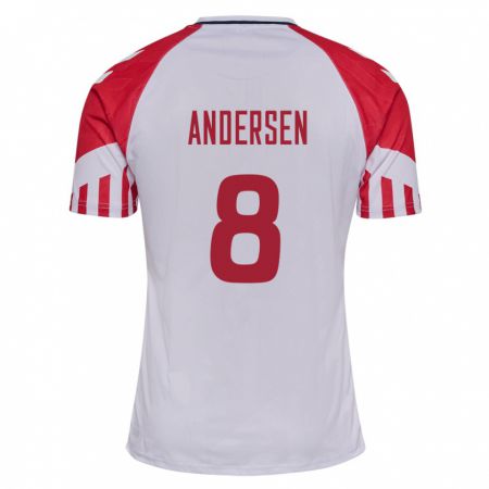 Kandiny Enfant Maillot Danemark Silas Andersen #8 Blanc Tenues Extérieur 24-26 T-Shirt