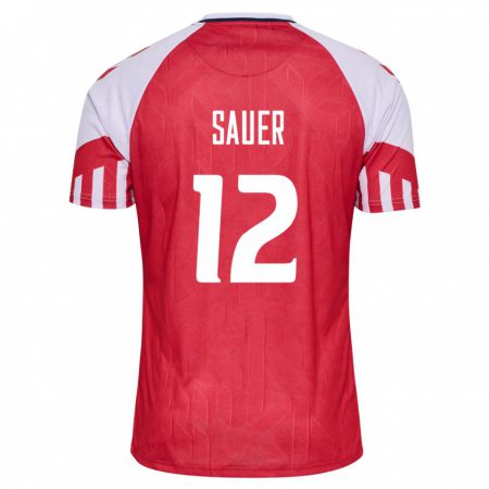 Kandiny Homme Maillot Danemark Mathias Sauer #12 Rouge Tenues Domicile 24-26 T-Shirt