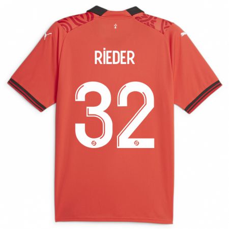 Kandiny Enfant Maillot Fabian Rieder #32 Rouge Tenues Domicile 2023/24 T-Shirt