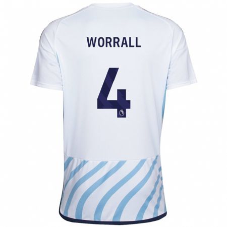 Kandiny Enfant Maillot Joe Worrall #4 Blanc Bleu Tenues Extérieur 2023/24 T-Shirt