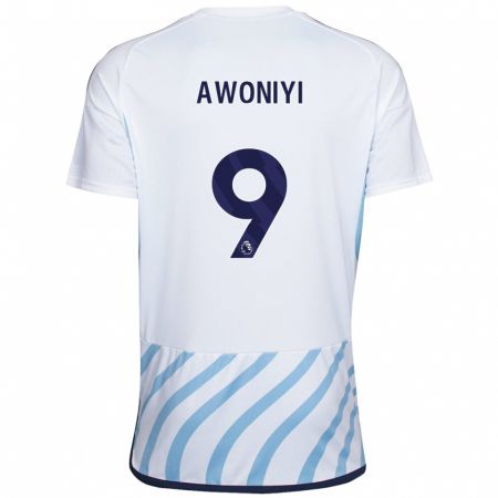 Kandiny Enfant Maillot Taiwo Awoniyi #9 Blanc Bleu Tenues Extérieur 2023/24 T-Shirt