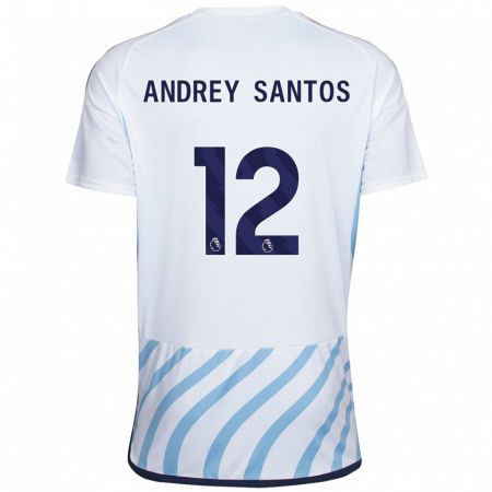 Kandiny Enfant Maillot Andrey Santos #12 Blanc Bleu Tenues Extérieur 2023/24 T-Shirt