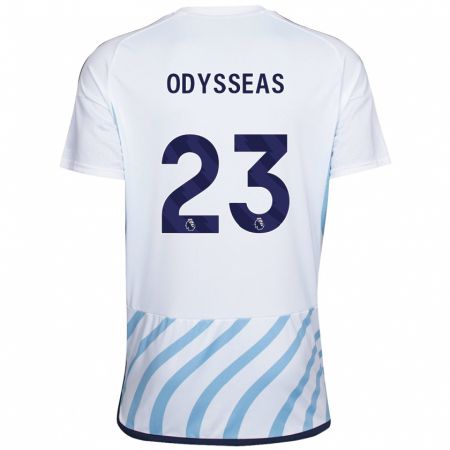 Kandiny Enfant Maillot Odysseas Vlachodimos #23 Blanc Bleu Tenues Extérieur 2023/24 T-Shirt