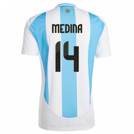Kandiny Enfant Maillot Argentine Facundo Medina #14 Blanc Bleu Tenues Domicile 24-26 T-Shirt
