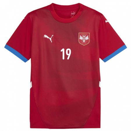 Kandiny Enfant Maillot Serbie Nikola Jojic #19 Rouge Tenues Domicile 24-26 T-Shirt