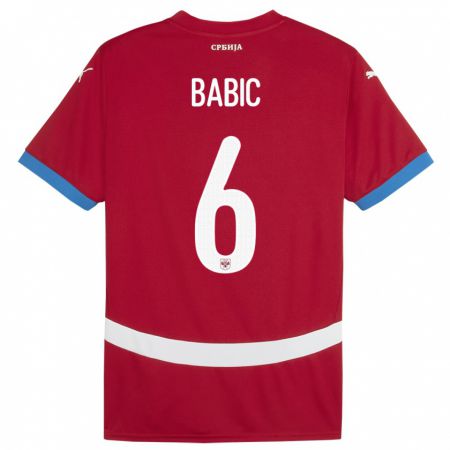 Kandiny Enfant Maillot Serbie Srdjan Babic #6 Rouge Tenues Domicile 24-26 T-Shirt