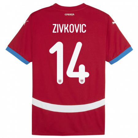 Kandiny Enfant Maillot Serbie Andrija Zivkovic #14 Rouge Tenues Domicile 24-26 T-Shirt