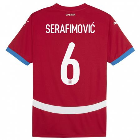 Kandiny Enfant Maillot Serbie Vojin Serafimovic #6 Rouge Tenues Domicile 24-26 T-Shirt