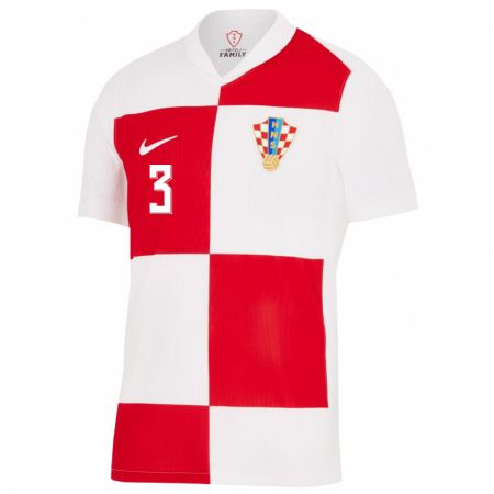 Kandiny Enfant Maillot Croatie Borna Barisic #3 Blanc Rouge Tenues Domicile 24-26 T-Shirt