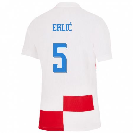Kandiny Enfant Maillot Croatie Martin Erlic #5 Blanc Rouge Tenues Domicile 24-26 T-Shirt