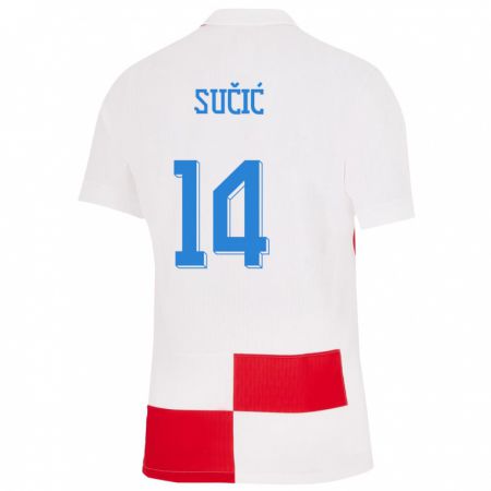 Kandiny Enfant Maillot Croatie Luka Sucic #14 Blanc Rouge Tenues Domicile 24-26 T-Shirt