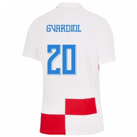 Kandiny Enfant Maillot Croatie Josko Gvardiol #20 Blanc Rouge Tenues Domicile 24-26 T-Shirt