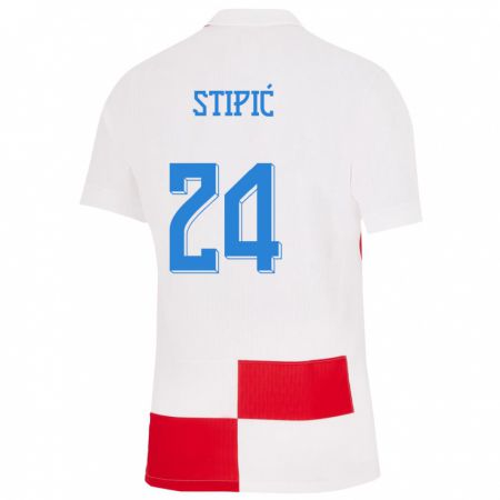 Kandiny Enfant Maillot Croatie Mihael Stipic #24 Blanc Rouge Tenues Domicile 24-26 T-Shirt