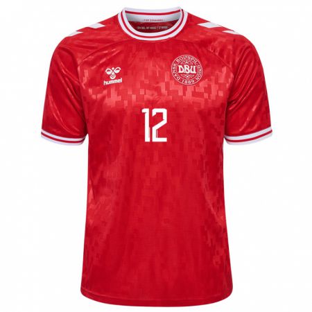 Kandiny Enfant Maillot Danemark Mathias Sauer #12 Rouge Tenues Domicile 24-26 T-Shirt