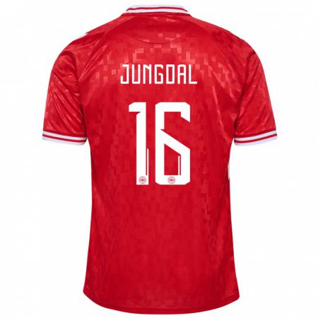 Kandiny Enfant Maillot Danemark Andreas Jungdal #16 Rouge Tenues Domicile 24-26 T-Shirt