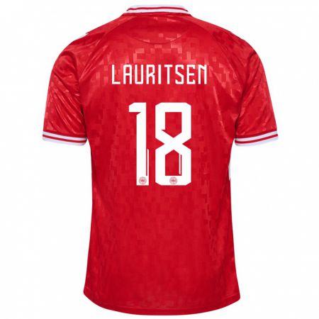 Kandiny Enfant Maillot Danemark Tobias Lauritsen #18 Rouge Tenues Domicile 24-26 T-Shirt