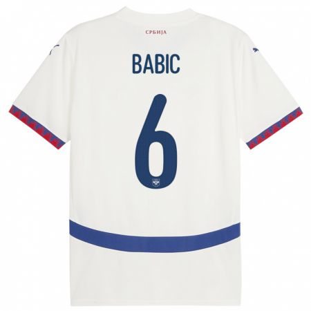 Kandiny Enfant Maillot Serbie Srdjan Babic #6 Blanc Tenues Extérieur 24-26 T-Shirt